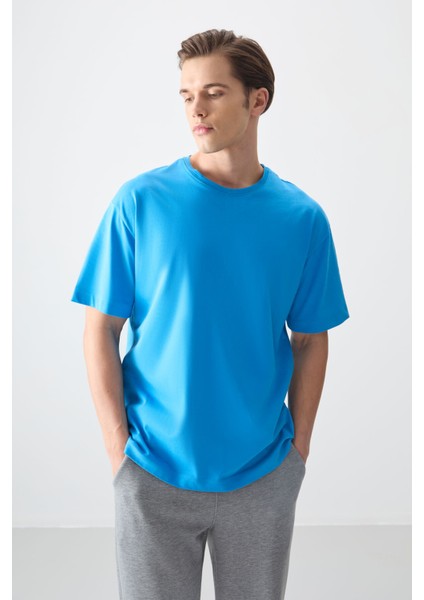 Petrol Mavi %100 Pamuk Kalın Yumuşak Dokulu Oversize Fit Basic Erkek T-Shirt - 88353 modelleri