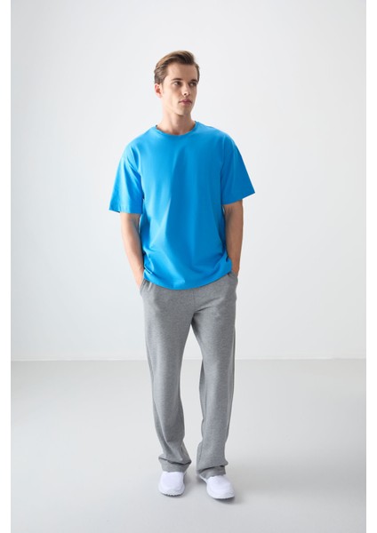 Petrol Mavi %100 Pamuk Kalın Yumuşak Dokulu Oversize Fit Basic Erkek T-Shirt - 88353 fırsatları