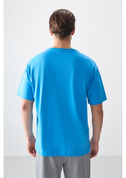 Petrol Mavi %100 Pamuk Kalın Yumuşak Dokulu Oversize Fit Basic Erkek T-Shirt - 88353 indirimleri