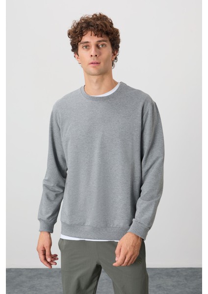 Gri Melanj Pamuk Yumuşak Dokulu Standart Fit Basic Erkek Sweatshirt - 88363