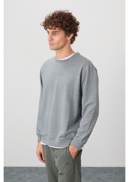 Gri Melanj Pamuk Yumuşak Dokulu Standart Fit Basic Erkek Sweatshirt - 88363 fırsatları