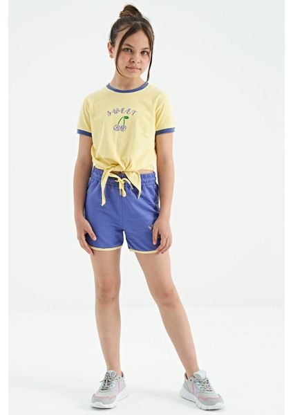 Sarı - Açık Eflatun O Yaka Baskılı Düğüm Detaylı Rahat Kalıp Kız Çocuk Şort Takım - 75132