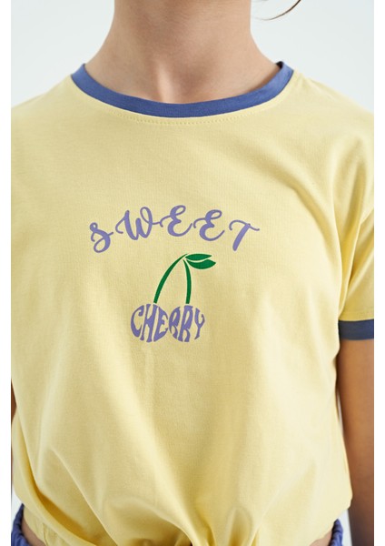 Sarı - Açık Eflatun O Yaka Baskılı Düğüm Detaylı Rahat Kalıp Kız Çocuk Şort Takım - 75132 fiyatları