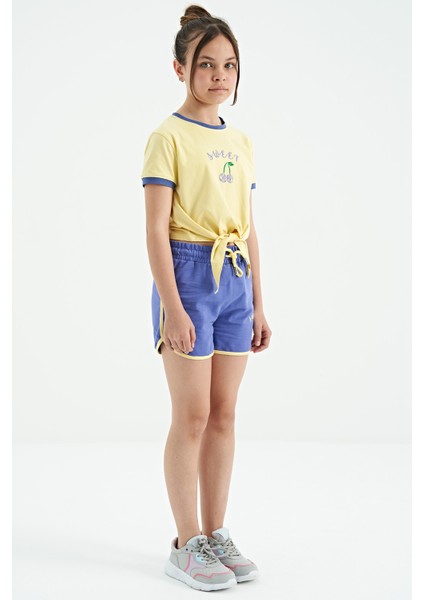 Sarı - Açık Eflatun O Yaka Baskılı Düğüm Detaylı Rahat Kalıp Kız Çocuk Şort Takım - 75132 modelleri