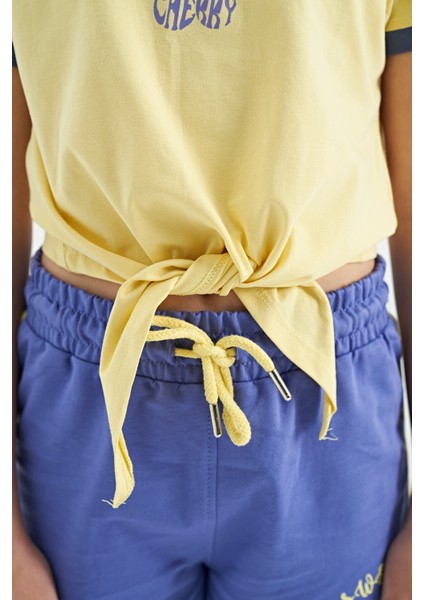 Sarı - Açık Eflatun O Yaka Baskılı Düğüm Detaylı Rahat Kalıp Kız Çocuk Şort Takım - 75132 fırsatları