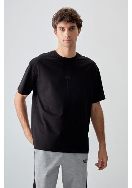 Siyah Pamuklu Kalın Yumuşak Dokulu Oversize Fit Baskılı Erkek T-Shirt - 88373