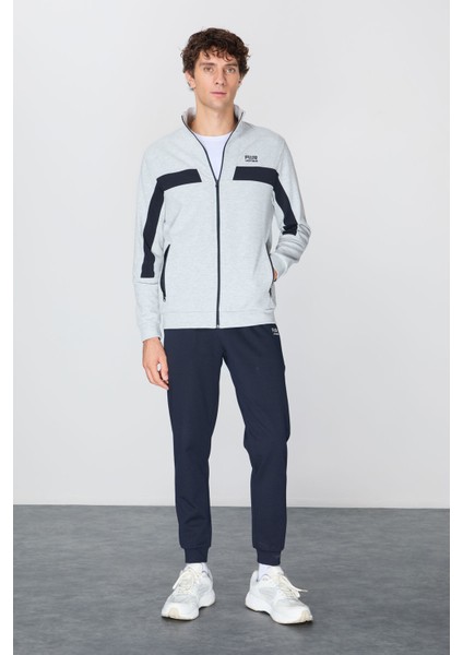 Gri-Lacivert Yüzeyi Dokulu Standart Fit Nakışlı Erkek Eşofman Takım - 85248