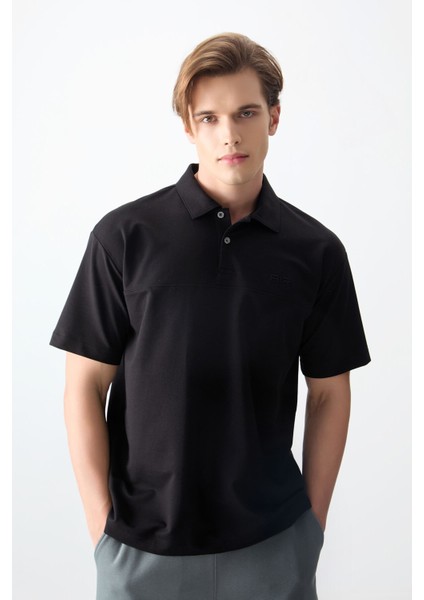 Siyah Pamuklu Kalın Yumuşak Dokulu Polo Yaka Oversize Fit Basic Erkek T- Shirt - 88382