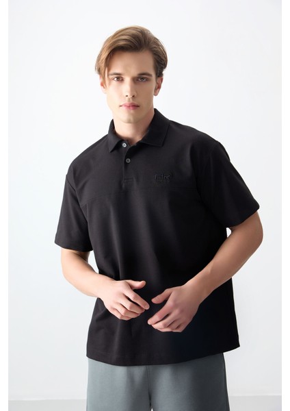 Siyah Pamuklu Kalın Yumuşak Dokulu Polo Yaka Oversize Fit Basic Erkek T- Shirt - 88382 fırsatları
