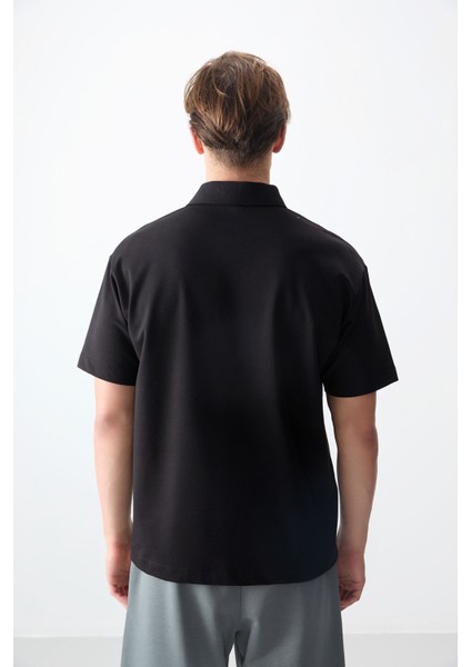 Siyah Pamuklu Kalın Yumuşak Dokulu Polo Yaka Oversize Fit Basic Erkek T- Shirt - 88382 indirimleri