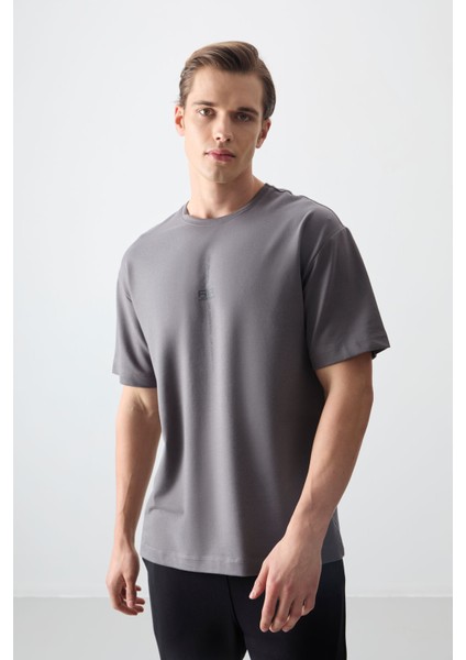 Koyu Gri Pamuklu Kalın Yumuşak Dokulu Oversize Fit Baskılı Erkek T-Shirt - 88373