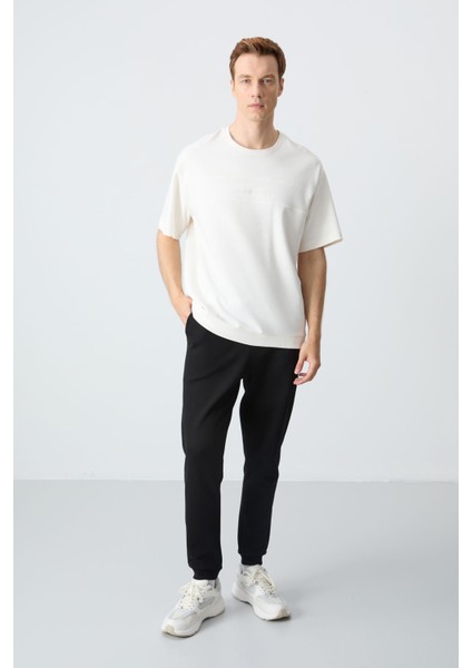 Ekru Siyah Pamuklu Kalın Yumuşak Dokulu Oversize Fit Basic Erkek Eşofman Takım - 85261