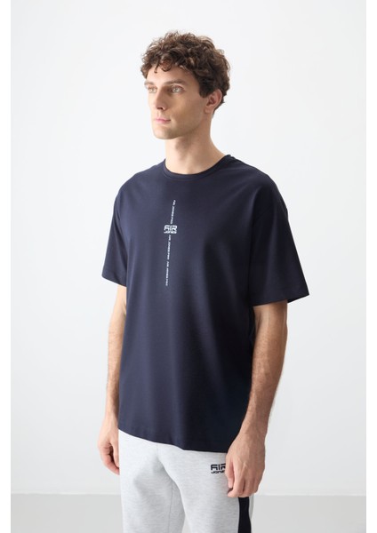 Lacivert Pamuklu Kalın Yumuşak Dokulu Oversize Fit Baskılı Erkek T-Shirt - 88373 fırsatları