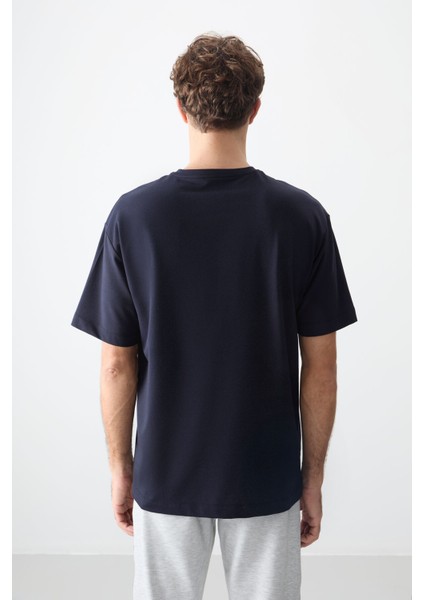 Lacivert Pamuklu Kalın Yumuşak Dokulu Oversize Fit Baskılı Erkek T-Shirt - 88373 indirimleri