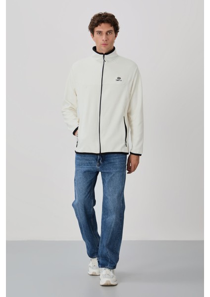 Ekru Yazı Nakışlı Dik Yaka Fermuarlı Standart Kalıp Erkek Sweatshirt Polar - 87992 fiyatları