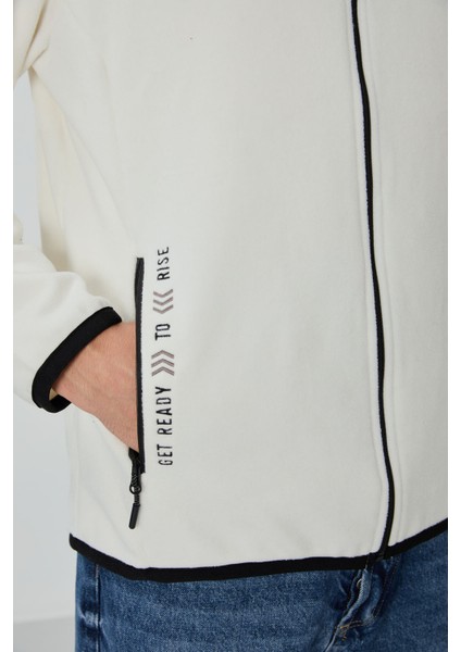 Ekru Yazı Nakışlı Dik Yaka Fermuarlı Standart Kalıp Erkek Sweatshirt Polar - 87992 fırsatları