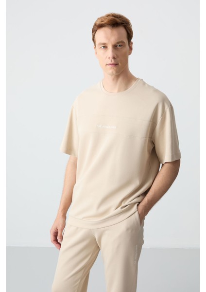Bej Pamuklu Kalın Yumuşak Dokulu Oversize Fit Basic Erkek Eşofman Takım - 85261 modelleri