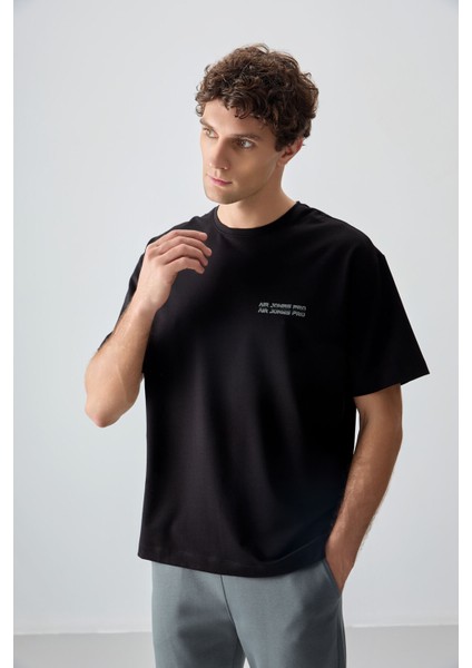 Siyah Pamuklu Kalın Yumuşak Dokulu Oversize Fit Baskılı Erkek T-Shirt - 88375