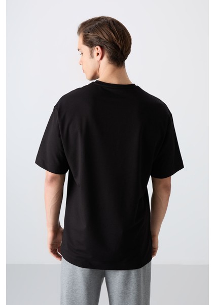 Siyah Pamuklu Kalın Yumuşak Dokulu Oversize Fit Baskılı Erkek T-Shirt - 88350 indirimleri