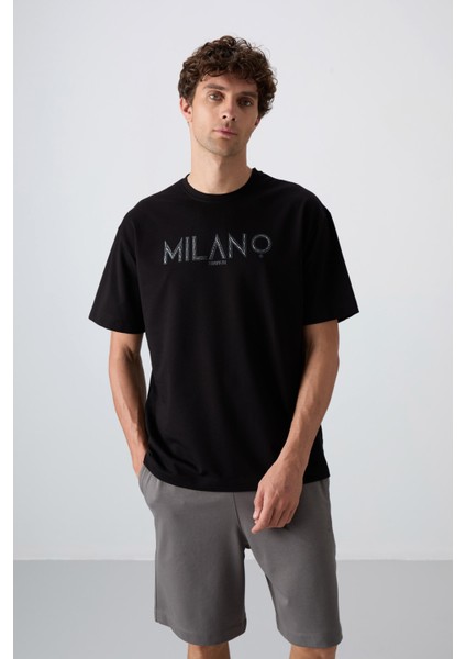 Siyah Pamuklu Kalın Yumuşak Dokulu Oversize Fit Baskılı Erkek T-Shirt - 88345