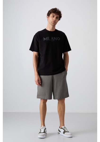 Siyah Pamuklu Kalın Yumuşak Dokulu Oversize Fit Baskılı Erkek T-Shirt - 88345 fiyatları