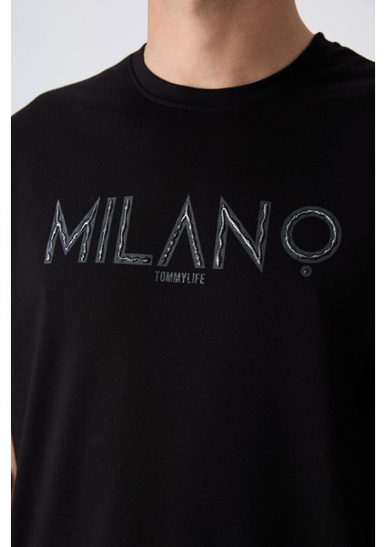 Siyah Pamuklu Kalın Yumuşak Dokulu Oversize Fit Baskılı Erkek T-Shirt - 88345 modelleri