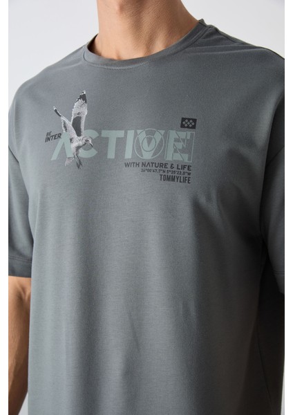 Haki Pamuklu Kalın Yumuşak Dokulu Oversize Fit Baskılı Erkek T-Shirt - 88344 modelleri