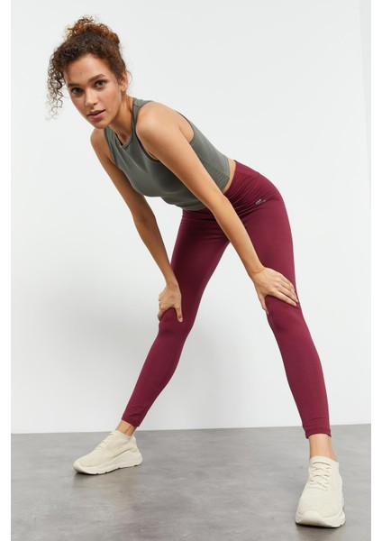 Bordo Yüksek Bel Toparlayıcı Slim Fit Dar Paça Kadın Tayt - 94011