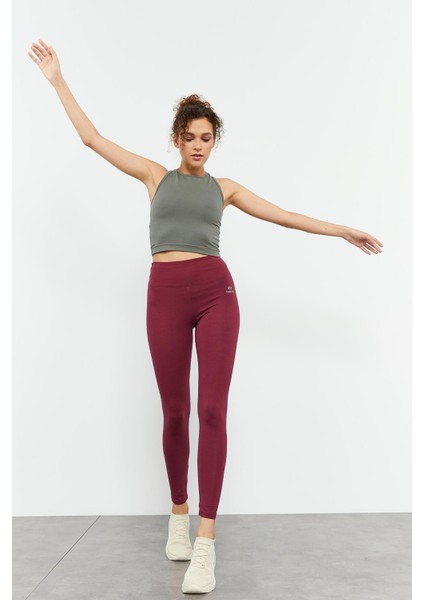 Bordo Yüksek Bel Toparlayıcı Slim Fit Dar Paça Kadın Tayt - 94011 indirimleri