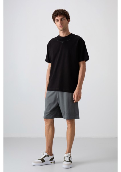 Siyah Pamuklu Kalın Yumuşak Dokulu Oversize Fit Baskılı Erkek T-Shirt - 88343 fiyatları