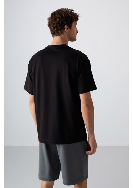 Siyah Pamuklu Kalın Yumuşak Dokulu Oversize Fit Baskılı Erkek T-Shirt - 88343 indirimleri