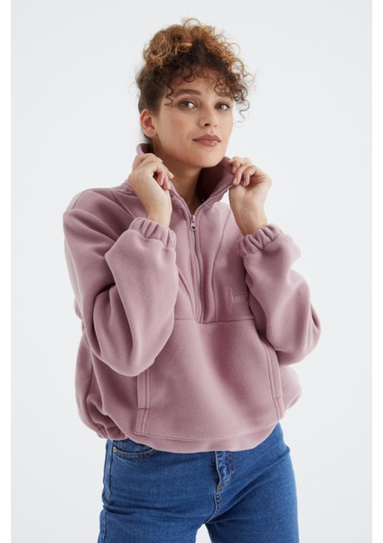 Gül Kurusu Yarım Fermuar Etek Ucu Büzgülü Kadın Polar Oversize Sweatshirt - 97171