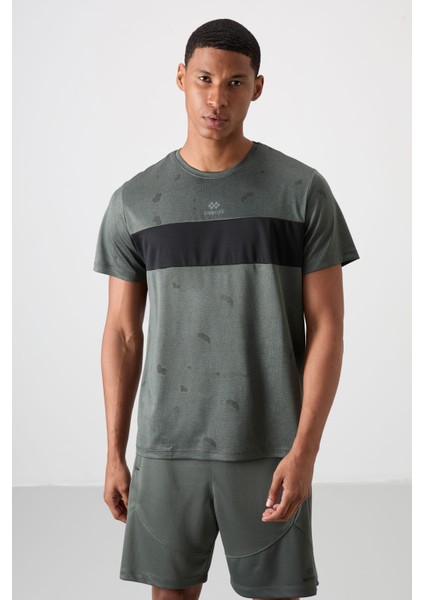 Haki Polyester Nefes Alan Jakarlı İnce Esnek Standart Fit Erkek Performans T-Shirt - 88398