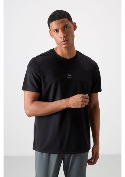 Siyah Polyester Nefes Alan Dokulu İnce Esnek Standart Fit Erkek Performans T-Shirt - 88396