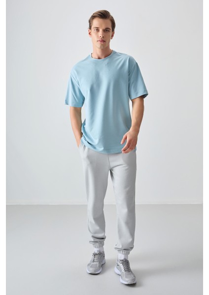 Açık Mavi Pamuklu Kalın Yumuşak Dokulu Oversize Fit Basic Erkek T-Shirt - 88377 fırsatları