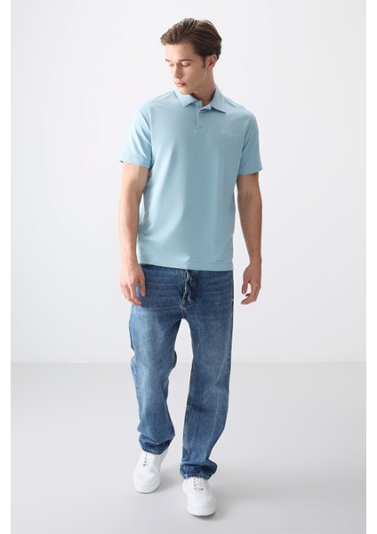 Açık Mavi Pamuklu Kalın Yumuşak Dokulu Polo Yaka Oversize Fit Basic Erkek T- Shirt - 88381 fiyatları