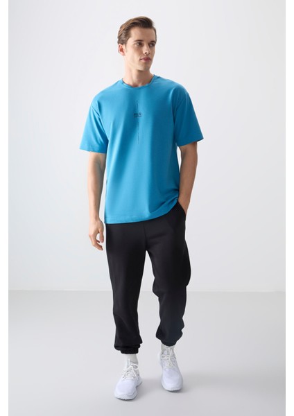Petrol Mavi Pamuklu Kalın Yumuşak Dokulu Oversize Fit Baskılı Erkek T-Shirt - 88373 fırsatları