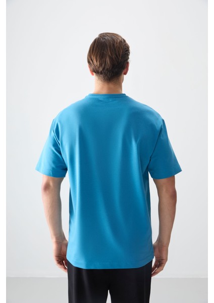 Petrol Mavi Pamuklu Kalın Yumuşak Dokulu Oversize Fit Baskılı Erkek T-Shirt - 88373 indirimleri