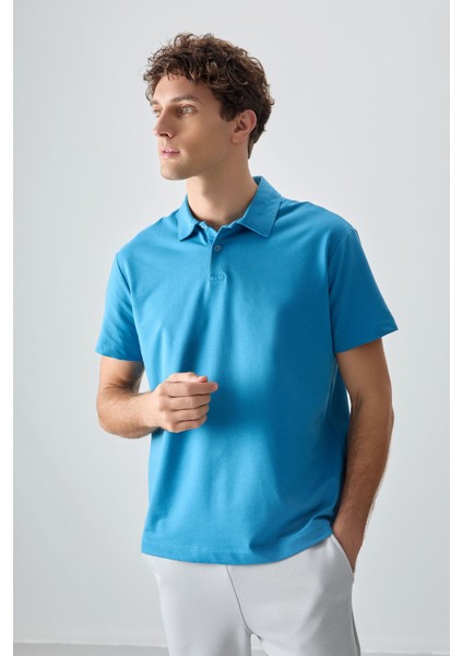 Petrol Mavi Pamuklu Kalın Yumuşak Dokulu Polo Yaka Oversize Fit Basic Erkek T- Shirt - 88381