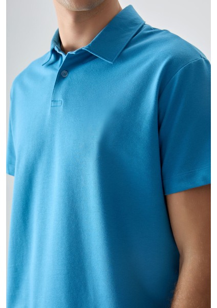 Petrol Mavi Pamuklu Kalın Yumuşak Dokulu Polo Yaka Oversize Fit Basic Erkek T- Shirt - 88381 fiyatları