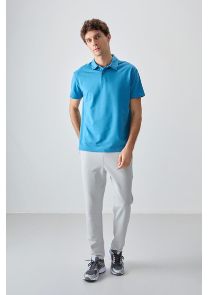 Petrol Mavi Pamuklu Kalın Yumuşak Dokulu Polo Yaka Oversize Fit Basic Erkek T- Shirt - 88381 modelleri