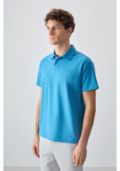 Petrol Mavi Pamuklu Kalın Yumuşak Dokulu Polo Yaka Oversize Fit Basic Erkek T- Shirt - 88381 fırsatları