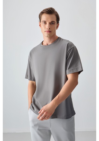 Koyu Gri %100 Pamuk Kalın Yumuşak Dokulu Oversize Fit Basic Erkek T-Shirt - 88353 modelleri