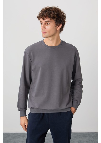 Koyu Gri Pamuk Yumuşak Dokulu Standart Fit Basic Erkek Sweatshirt - 88363