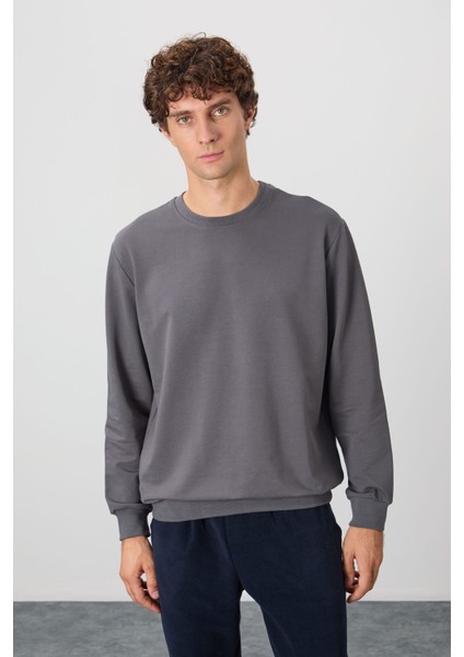 Koyu Gri Pamuk Yumuşak Dokulu Standart Fit Basic Erkek Sweatshirt - 88363 modelleri