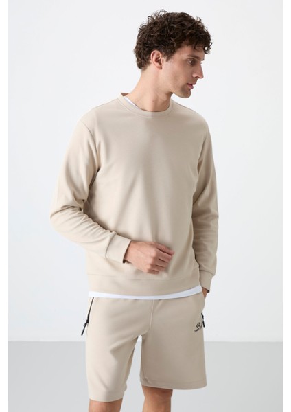 Bej Basic O Yaka Rahat Form Erkek Sweatshirt - 88053
