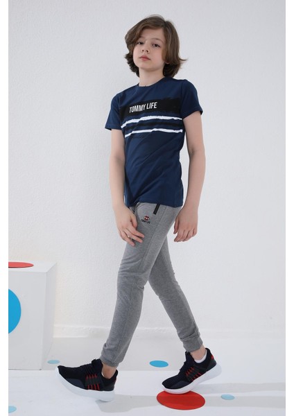 Gri Melanj Fermuarlı Standart Fit İnce Erkek Çocuk Eşofman Alt - 64042