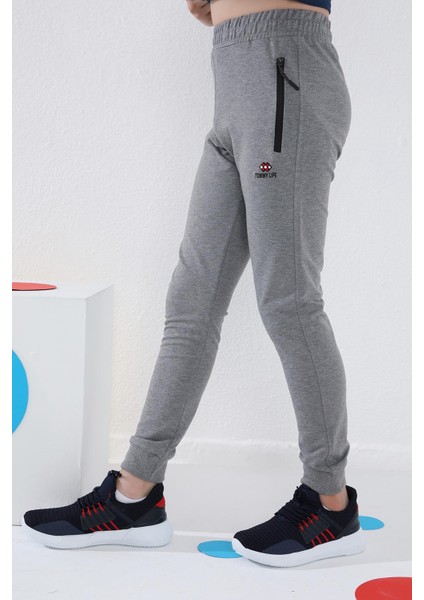 Gri Melanj Fermuarlı Standart Fit İnce Erkek Çocuk Eşofman Alt - 64042 fiyatları