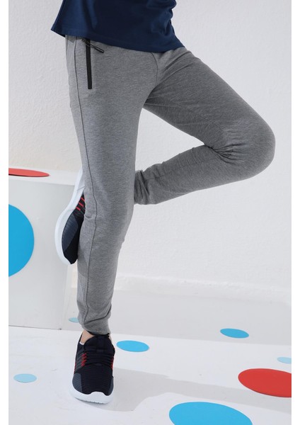 Gri Melanj Fermuarlı Standart Fit İnce Erkek Çocuk Eşofman Alt - 64042 modelleri