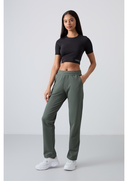 Haki Yüksek Bel Cepli Rahat Form Klasik Paça Kadın Eşofman Alt - 94584
